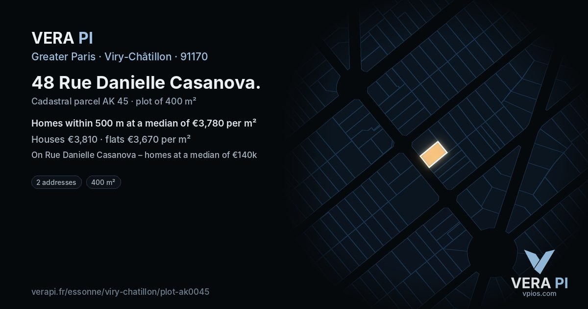 48 Rue Danielle Casanova, Viry-Châtillon at night – the plot lit, the parcels around coloured by the prices near them