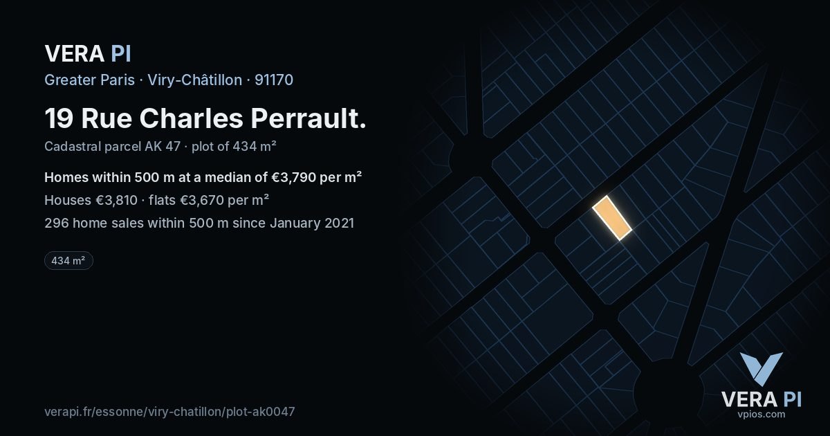 19 Rue Charles Perrault, Viry-Châtillon at night – the plot lit, the parcels around coloured by the prices near them