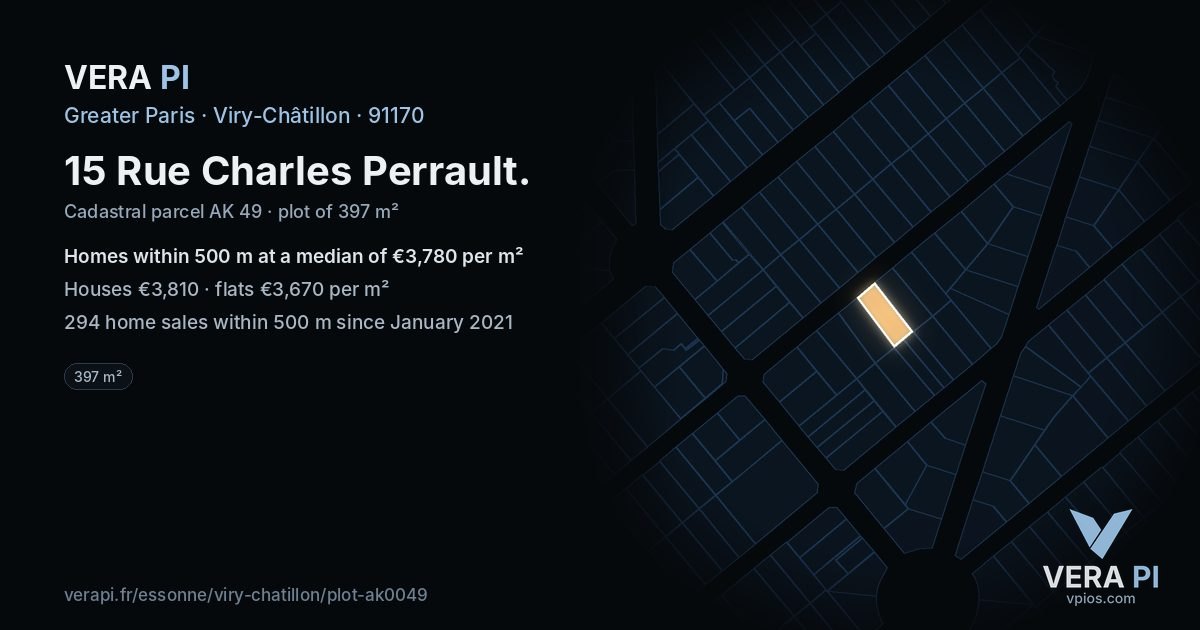 15 Rue Charles Perrault, Viry-Châtillon at night – the plot lit, the parcels around coloured by the prices near them