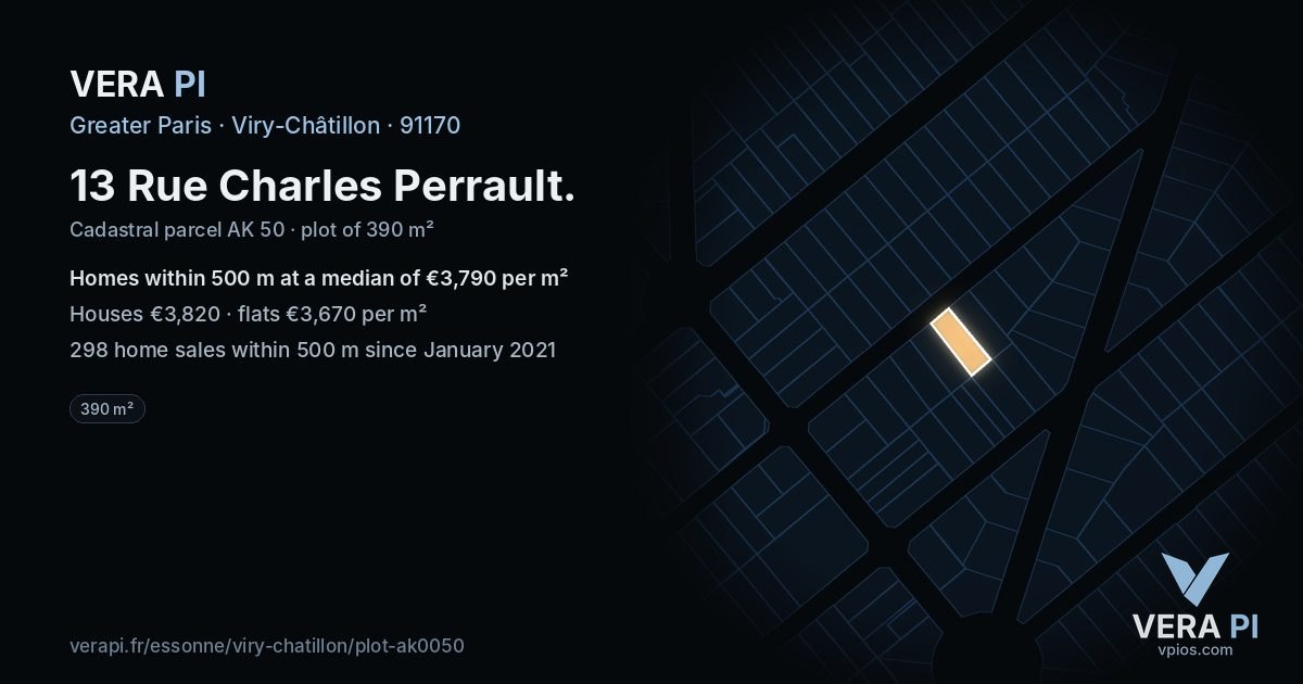 13 Rue Charles Perrault, Viry-Châtillon at night – the plot lit, the parcels around coloured by the prices near them