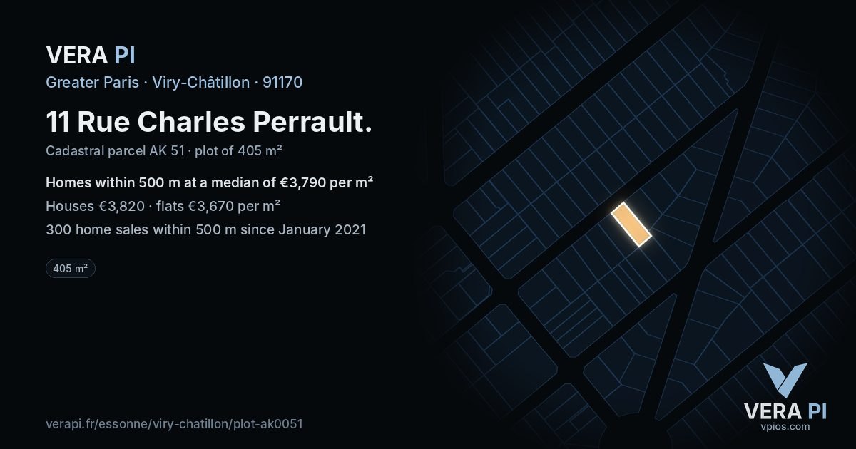 11 Rue Charles Perrault, Viry-Châtillon at night – the plot lit, the parcels around coloured by the prices near them