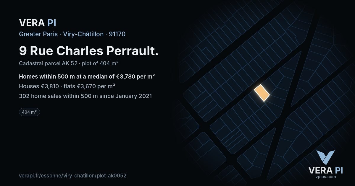 9 Rue Charles Perrault, Viry-Châtillon at night – the plot lit, the parcels around coloured by the prices near them