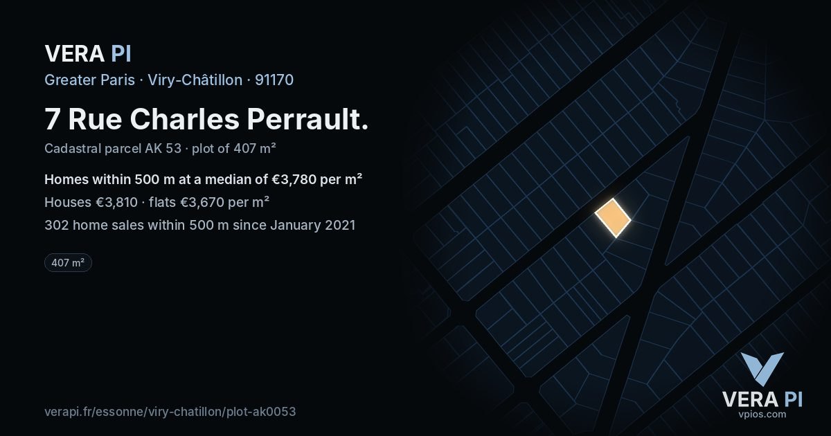 7 Rue Charles Perrault, Viry-Châtillon at night – the plot lit, the parcels around coloured by the prices near them