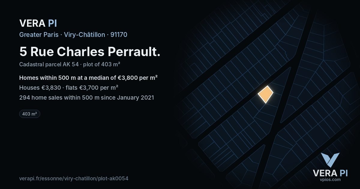 5 Rue Charles Perrault, Viry-Châtillon at night – the plot lit, the parcels around coloured by the prices near them