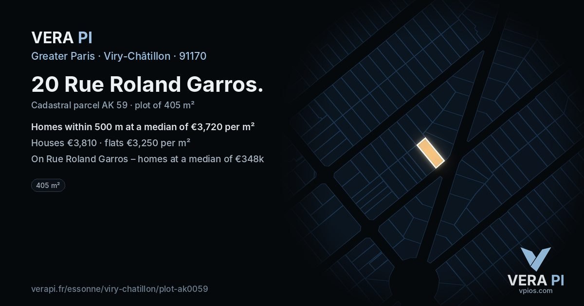 20 Rue Roland Garros, Viry-Châtillon at night – the plot lit, the parcels around coloured by the prices near them