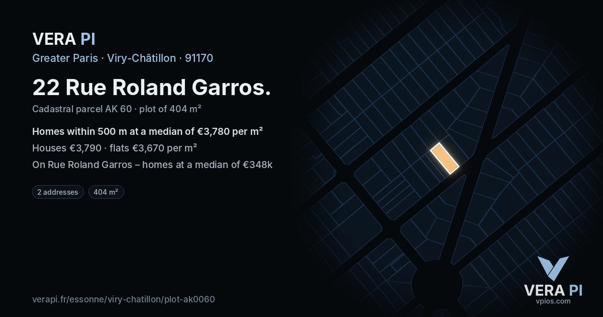 22 Rue Roland Garros, Viry-Châtillon at night – the plot lit, the parcels around coloured by the prices near them