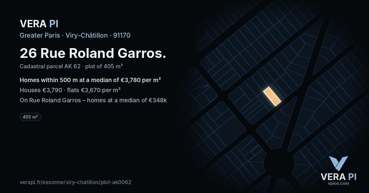 26 Rue Roland Garros, Viry-Châtillon at night – the plot lit, the parcels around coloured by the prices near them