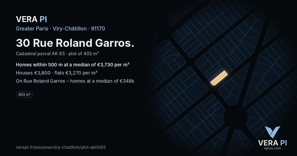 30 Rue Roland Garros, Viry-Châtillon at night – the plot lit, the parcels around coloured by the prices near them