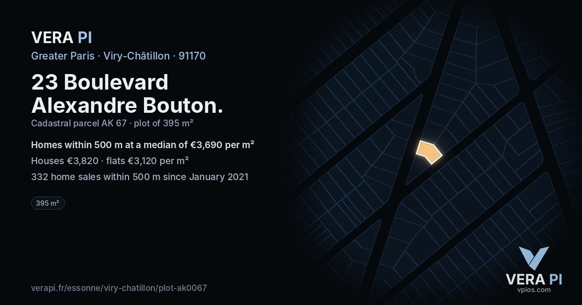 23 Boulevard Alexandre Bouton, Viry-Châtillon at night – the plot lit, the parcels around coloured by the prices near them