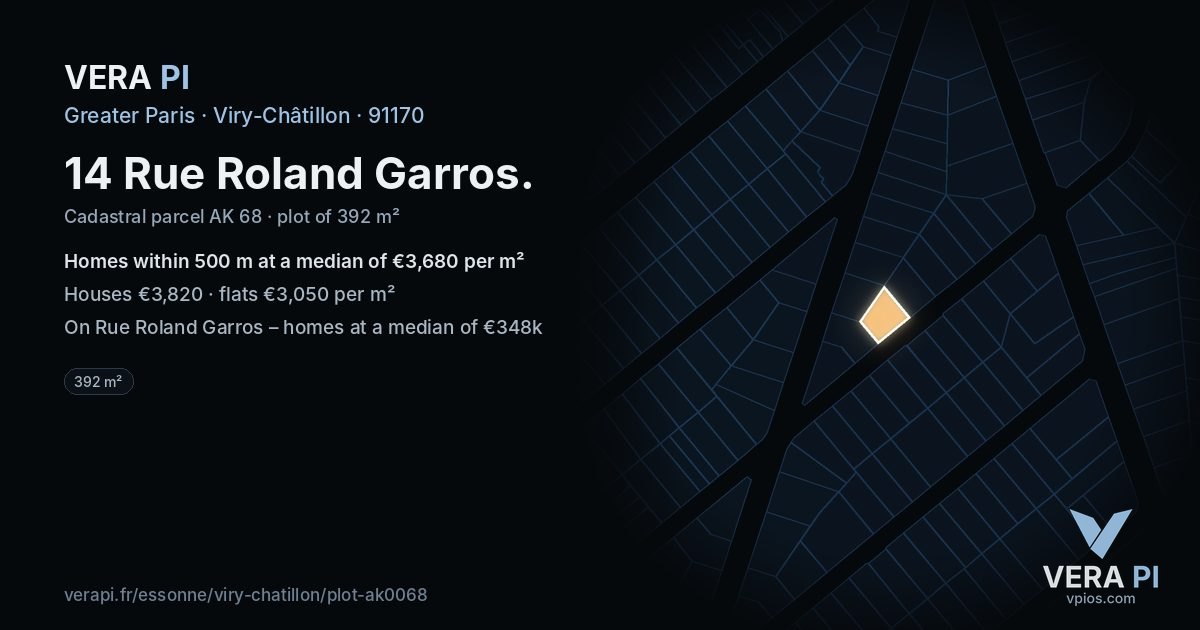 14 Rue Roland Garros, Viry-Châtillon at night – the plot lit, the parcels around coloured by the prices near them