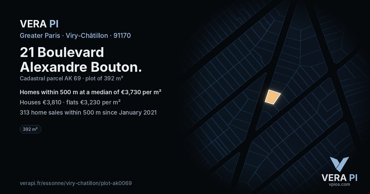 21 Boulevard Alexandre Bouton, Viry-Châtillon at night – the plot lit, the parcels around coloured by the prices near them