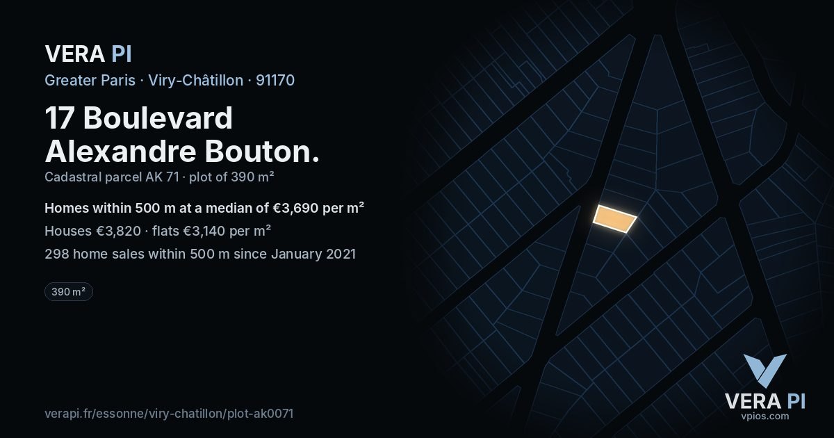 17 Boulevard Alexandre Bouton, Viry-Châtillon at night – the plot lit, the parcels around coloured by the prices near them