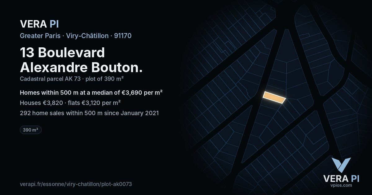 13 Boulevard Alexandre Bouton, Viry-Châtillon at night – the plot lit, the parcels around coloured by the prices near them