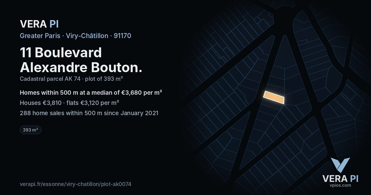 11 Boulevard Alexandre Bouton, Viry-Châtillon at night – the plot lit, the parcels around coloured by the prices near them