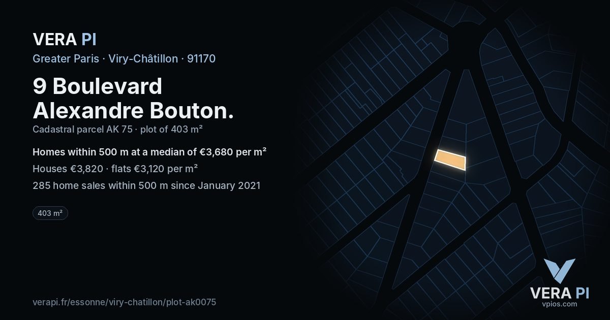 9 Boulevard Alexandre Bouton, Viry-Châtillon at night – the plot lit, the parcels around coloured by the prices near them