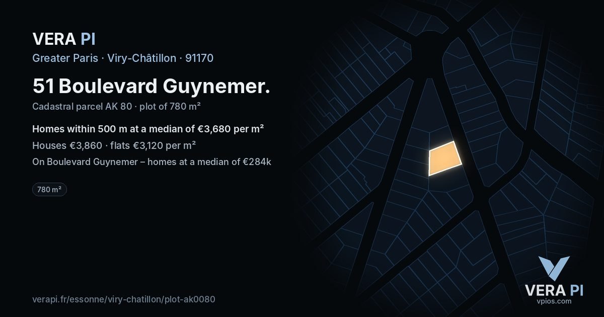 51 Boulevard Guynemer, Viry-Châtillon at night – the plot lit, the parcels around coloured by the prices near them