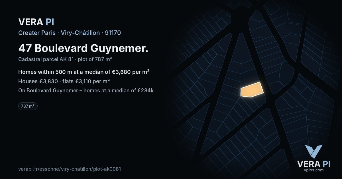 47 Boulevard Guynemer, Viry-Châtillon at night – the plot lit, the parcels around coloured by the prices near them
