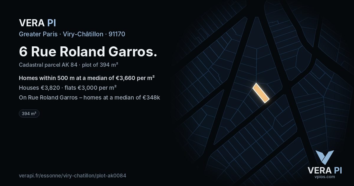 6 Rue Roland Garros, Viry-Châtillon at night – the plot lit, the parcels around coloured by the prices near them
