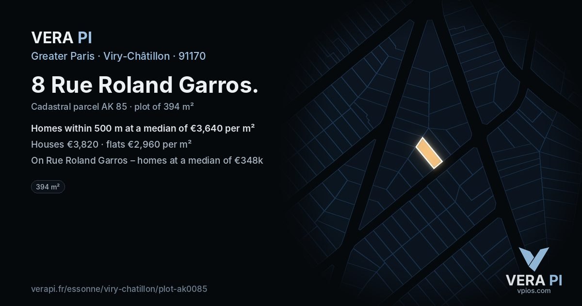 8 Rue Roland Garros, Viry-Châtillon at night – the plot lit, the parcels around coloured by the prices near them