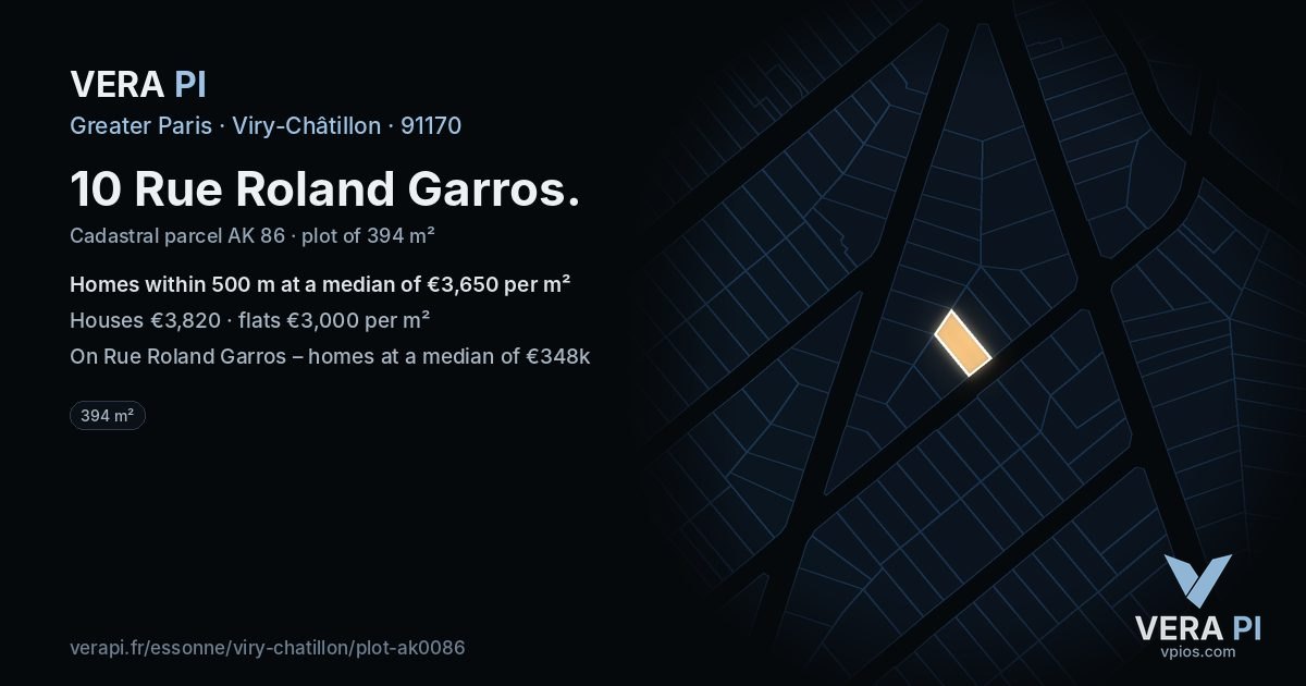 10 Rue Roland Garros, Viry-Châtillon at night – the plot lit, the parcels around coloured by the prices near them