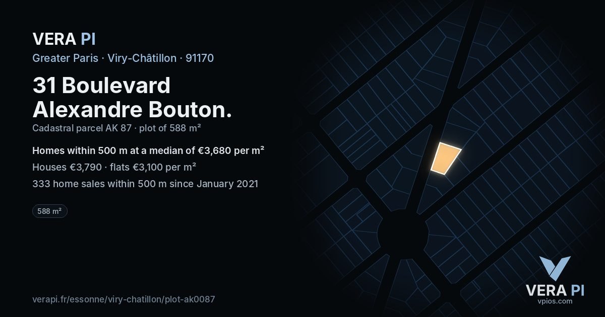 31 Boulevard Alexandre Bouton, Viry-Châtillon at night – the plot lit, the parcels around coloured by the prices near them