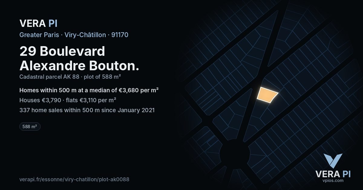29 Boulevard Alexandre Bouton, Viry-Châtillon at night – the plot lit, the parcels around coloured by the prices near them