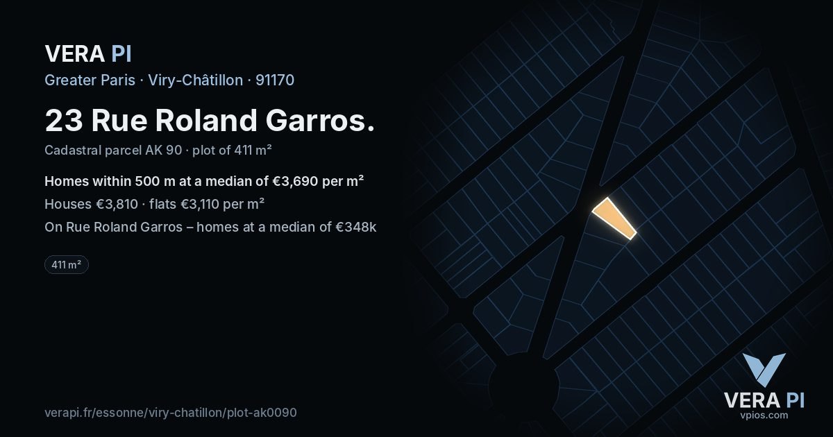23 Rue Roland Garros, Viry-Châtillon at night – the plot lit, the parcels around coloured by the prices near them