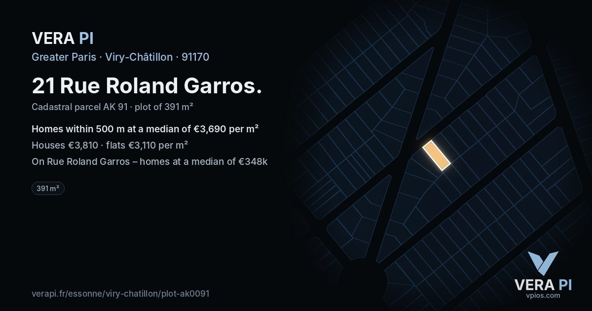21 Rue Roland Garros, Viry-Châtillon at night – the plot lit, the parcels around coloured by the prices near them