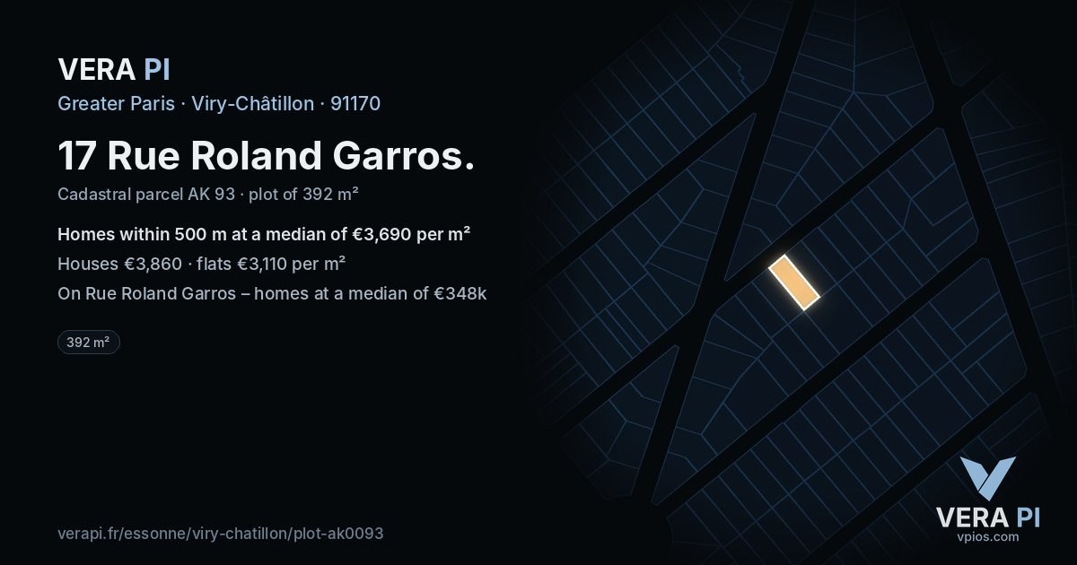 17 Rue Roland Garros, Viry-Châtillon at night – the plot lit, the parcels around coloured by the prices near them