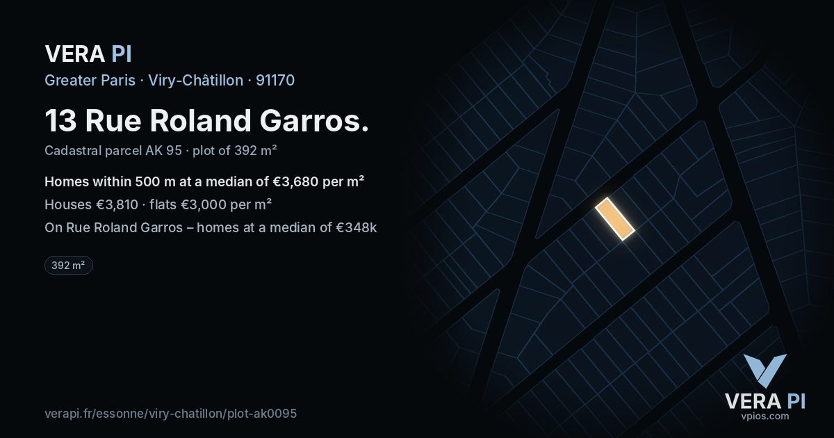 13 Rue Roland Garros, Viry-Châtillon at night – the plot lit, the parcels around coloured by the prices near them