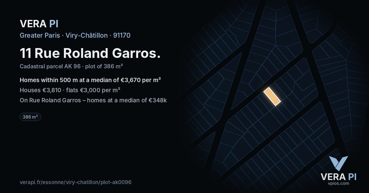 11 Rue Roland Garros, Viry-Châtillon at night – the plot lit, the parcels around coloured by the prices near them