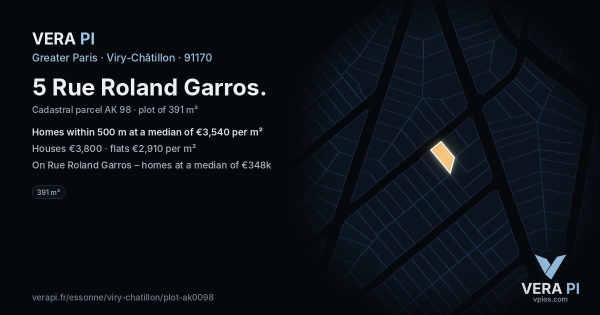 5 Rue Roland Garros, Viry-Châtillon at night – the plot lit, the parcels around coloured by the prices near them