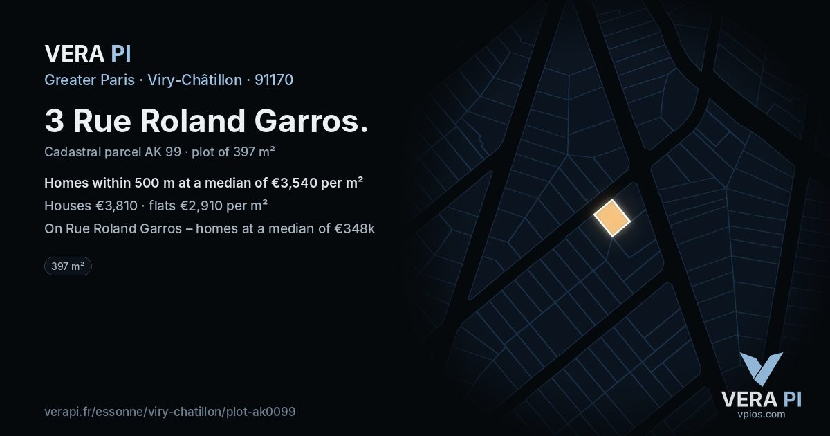 3 Rue Roland Garros, Viry-Châtillon at night – the plot lit, the parcels around coloured by the prices near them