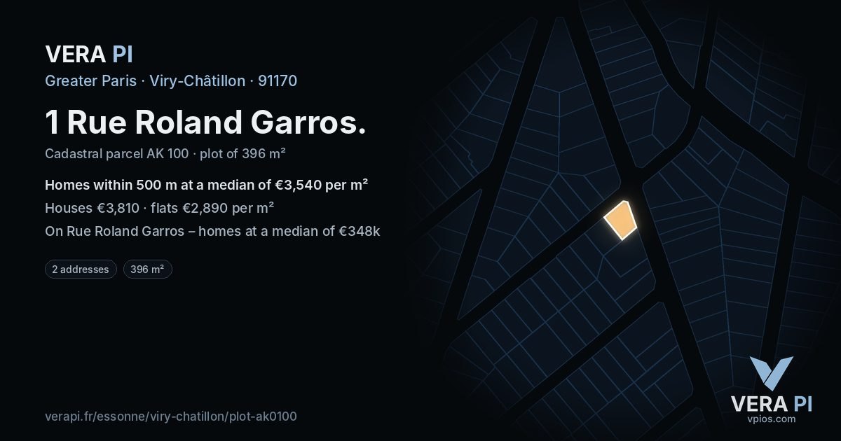 1 Rue Roland Garros, Viry-Châtillon at night – the plot lit, the parcels around coloured by the prices near them