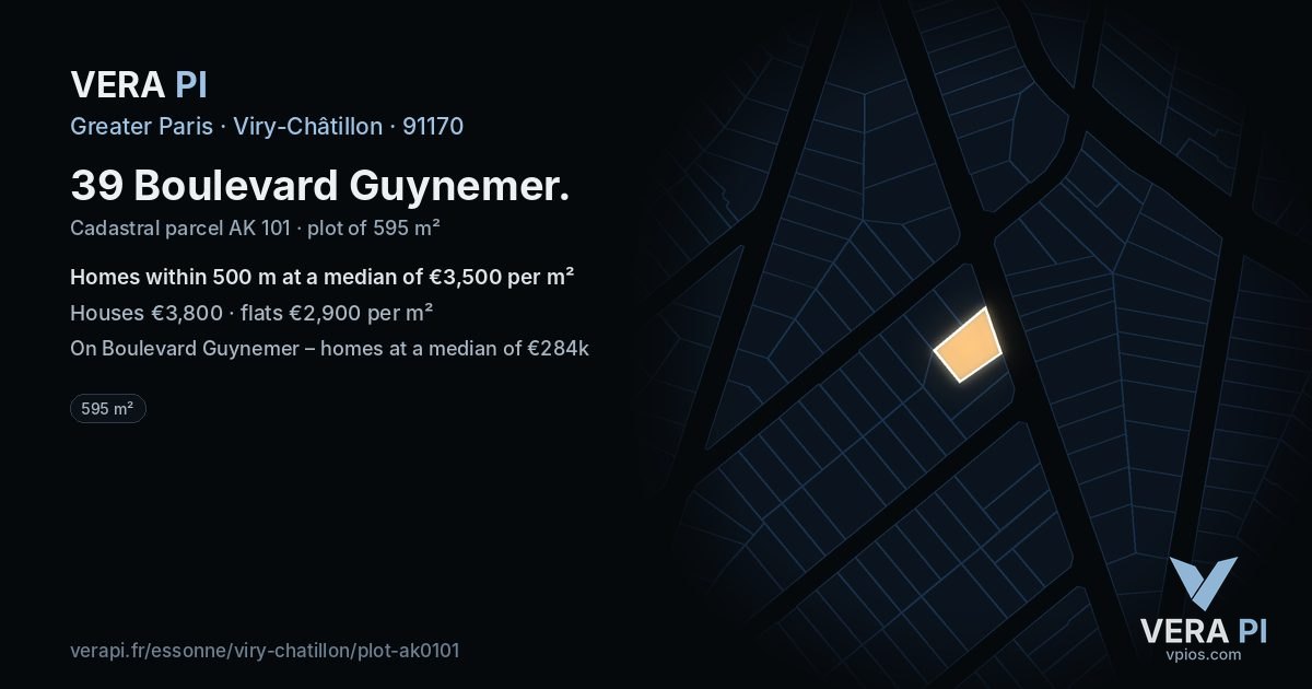 39 Boulevard Guynemer, Viry-Châtillon at night – the plot lit, the parcels around coloured by the prices near them