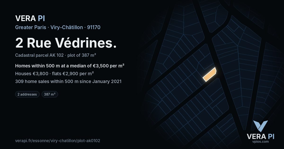 2 Rue Védrines, Viry-Châtillon at night – the plot lit, the parcels around coloured by the prices near them