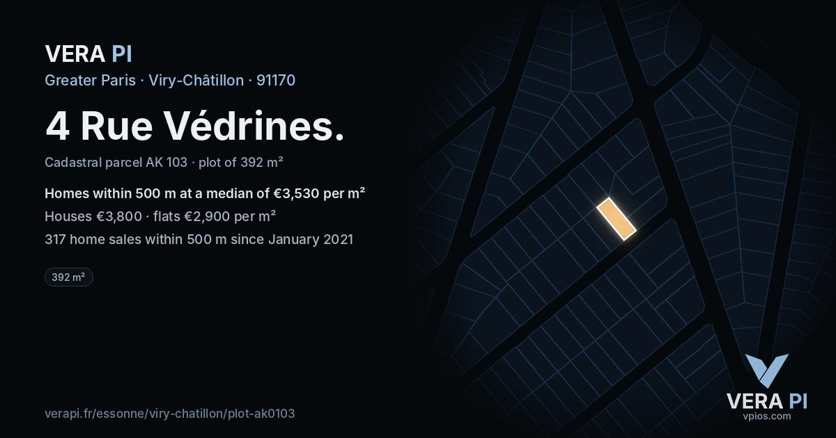 4 Rue Védrines, Viry-Châtillon at night – the plot lit, the parcels around coloured by the prices near them