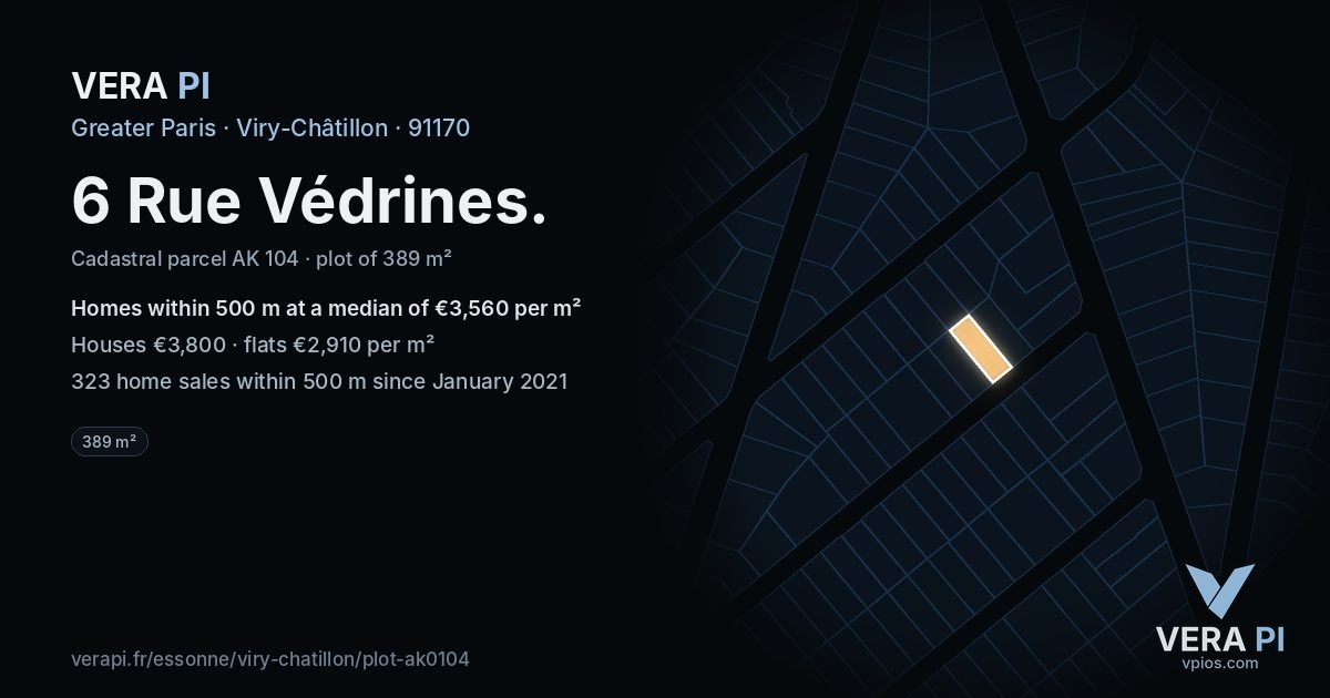 6 Rue Védrines, Viry-Châtillon at night – the plot lit, the parcels around coloured by the prices near them