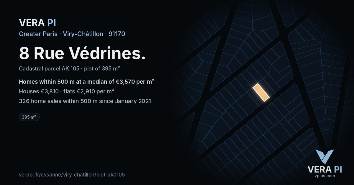 8 Rue Védrines, Viry-Châtillon at night – the plot lit, the parcels around coloured by the prices near them