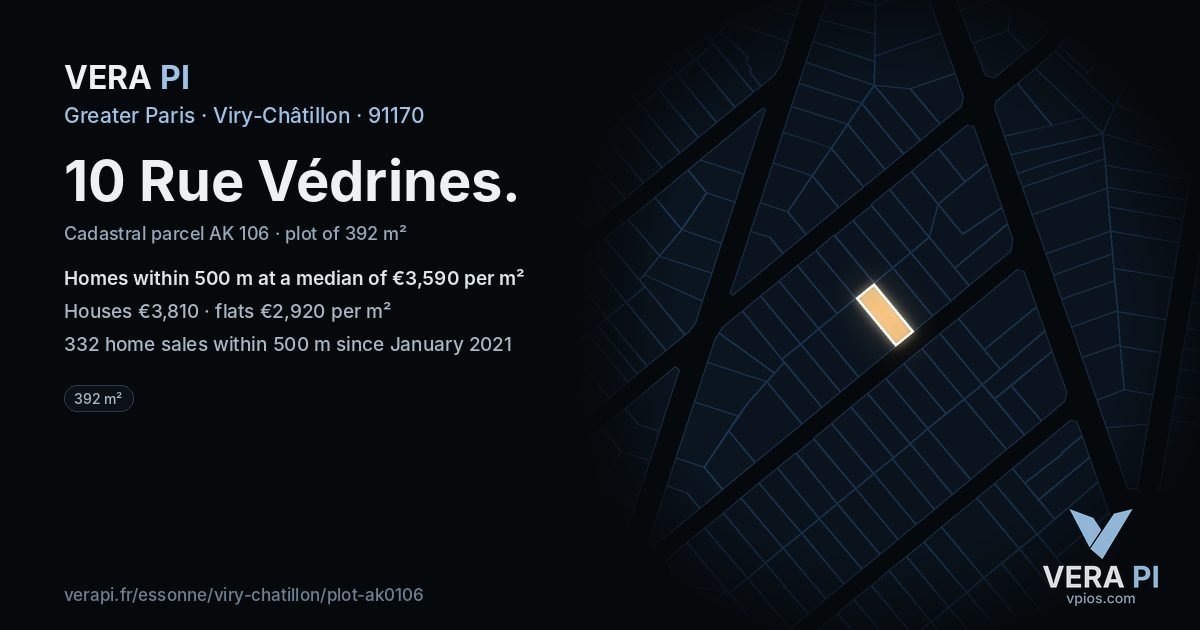 10 Rue Védrines, Viry-Châtillon at night – the plot lit, the parcels around coloured by the prices near them