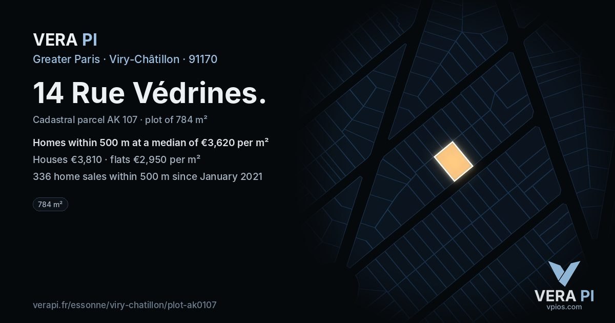 14 Rue Védrines, Viry-Châtillon at night – the plot lit, the parcels around coloured by the prices near them