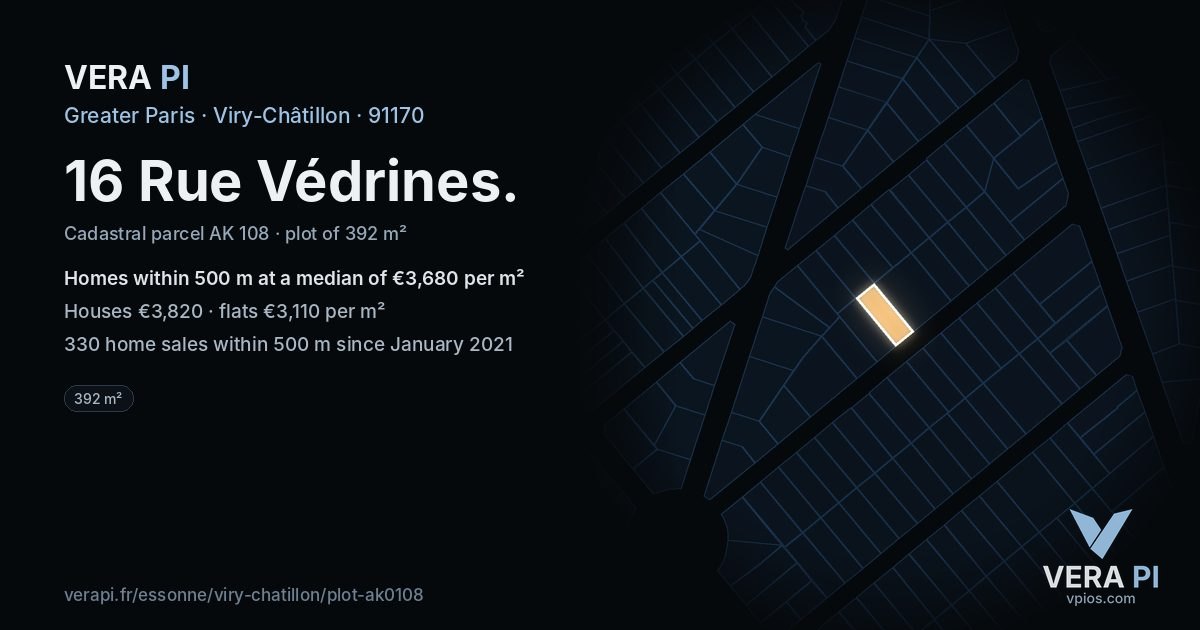 16 Rue Védrines, Viry-Châtillon at night – the plot lit, the parcels around coloured by the prices near them