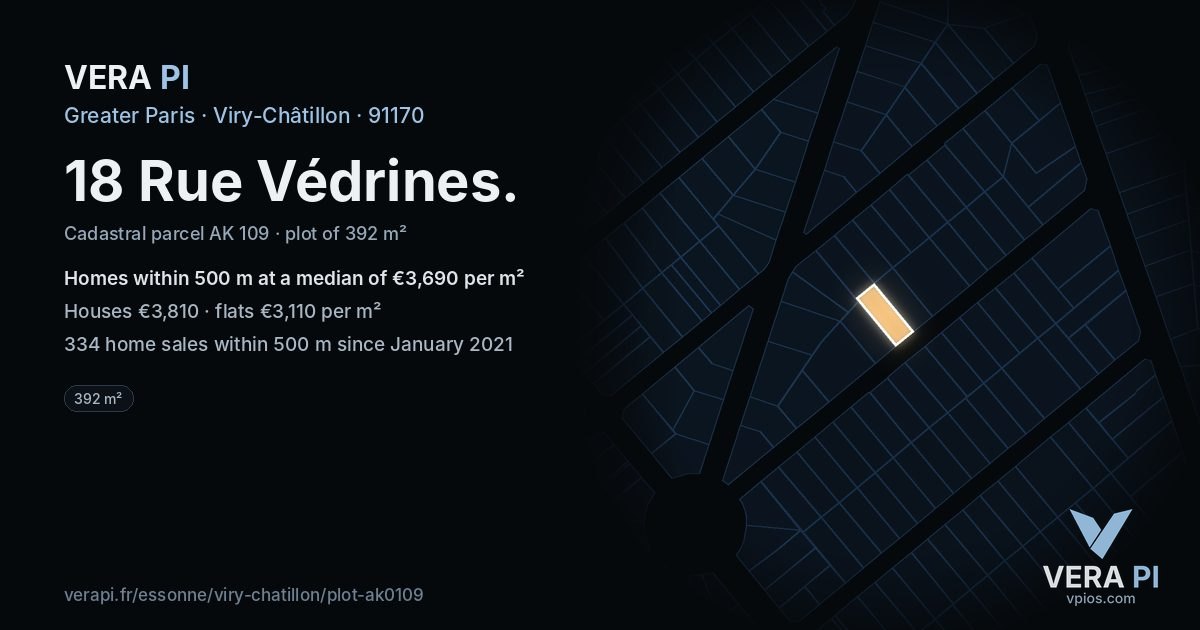 18 Rue Védrines, Viry-Châtillon at night – the plot lit, the parcels around coloured by the prices near them