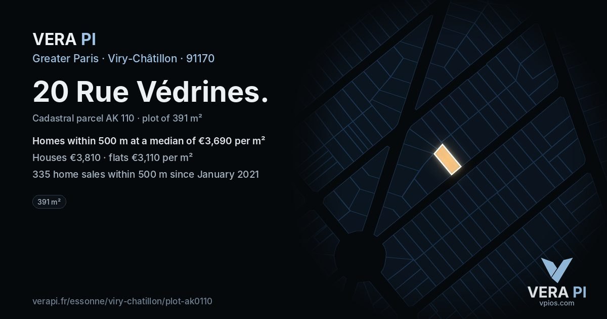 20 Rue Védrines, Viry-Châtillon at night – the plot lit, the parcels around coloured by the prices near them