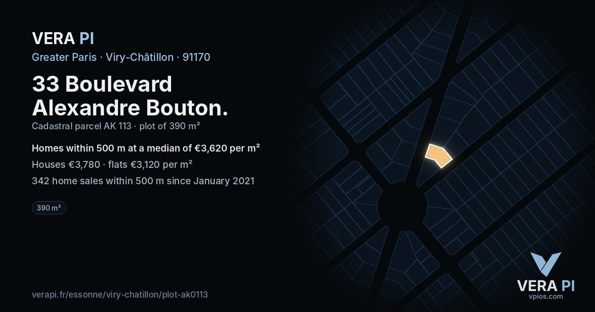 33 Boulevard Alexandre Bouton, Viry-Châtillon at night – the plot lit, the parcels around coloured by the prices near them