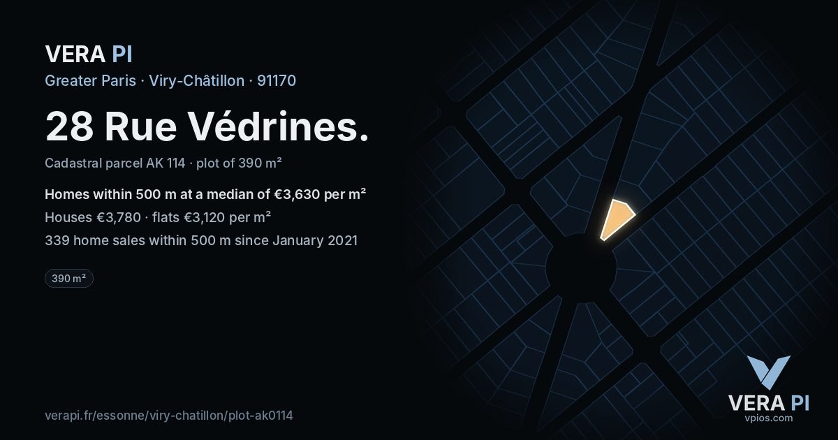 28 Rue Védrines, Viry-Châtillon at night – the plot lit, the parcels around coloured by the prices near them