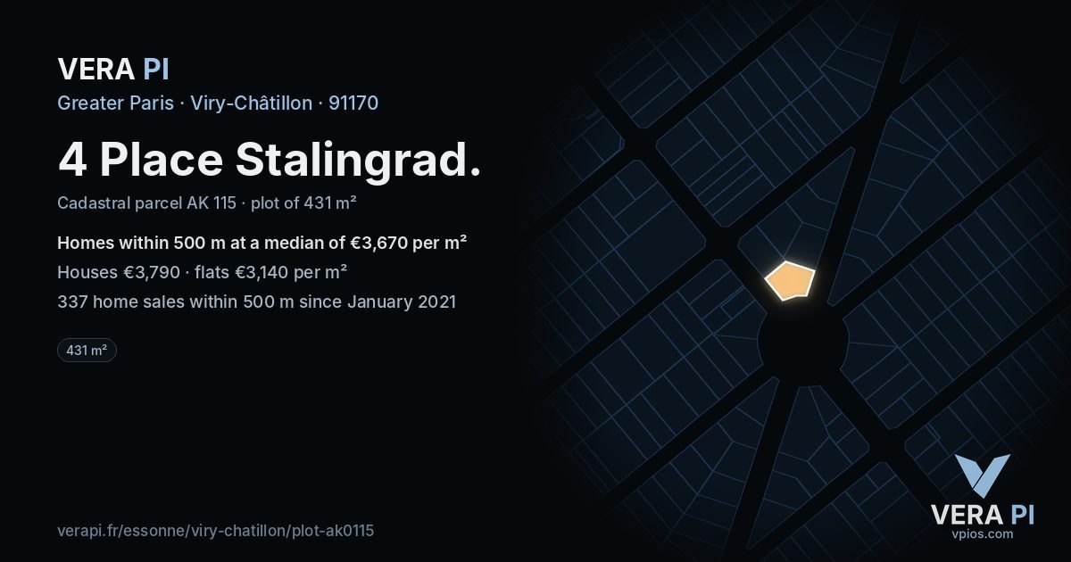 4 Place Stalingrad, Viry-Châtillon at night – the plot lit, the parcels around coloured by the prices near them
