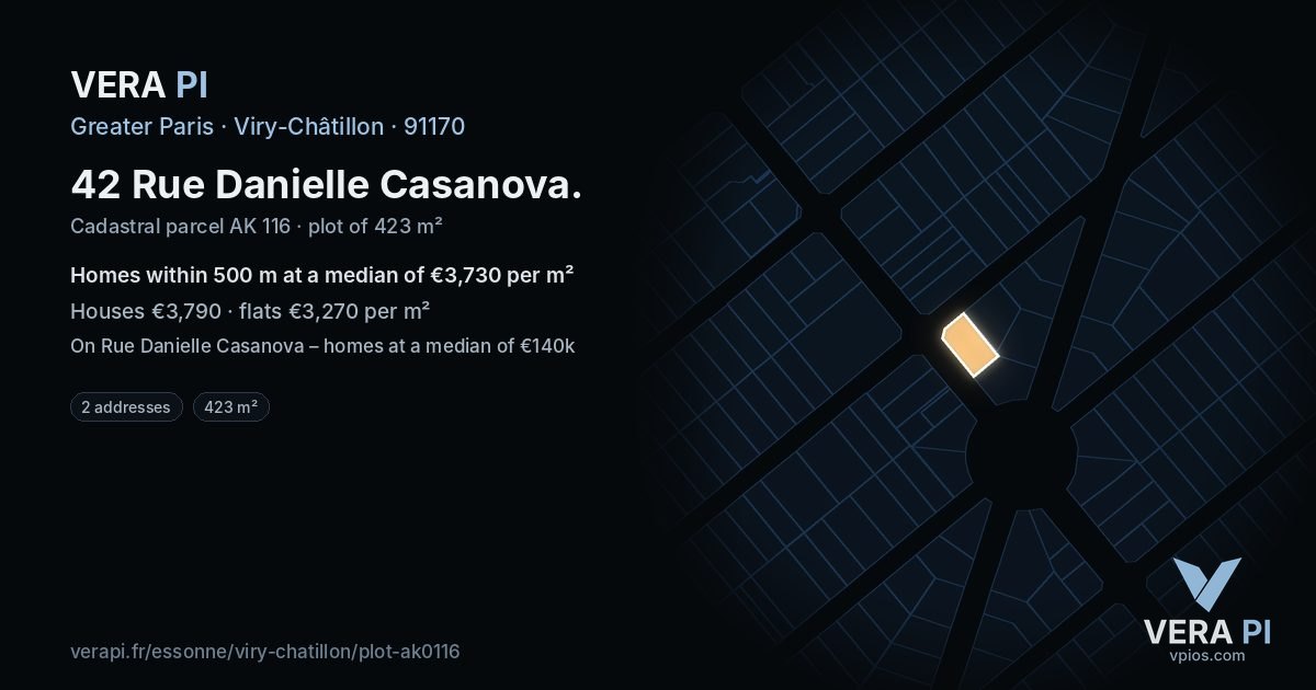 42 Rue Danielle Casanova, Viry-Châtillon at night – the plot lit, the parcels around coloured by the prices near them