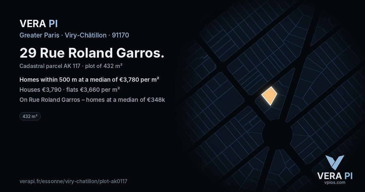 29 Rue Roland Garros, Viry-Châtillon at night – the plot lit, the parcels around coloured by the prices near them
