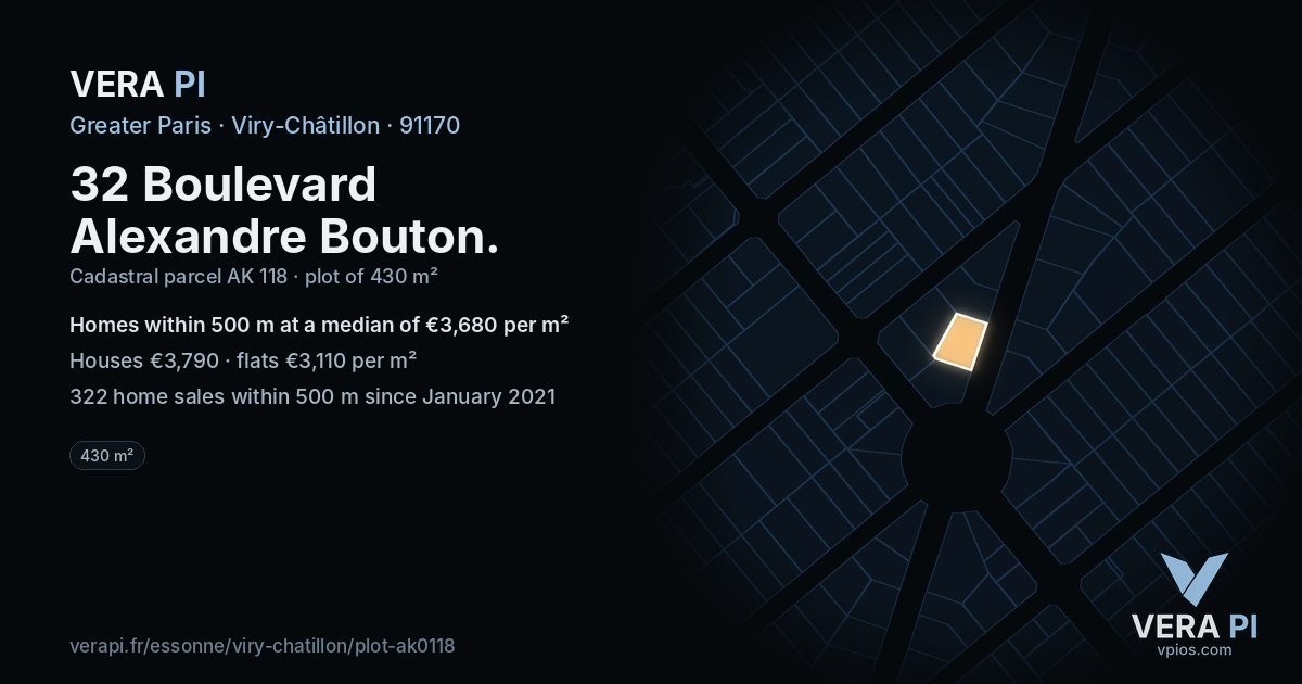 32 Boulevard Alexandre Bouton, Viry-Châtillon at night – the plot lit, the parcels around coloured by the prices near them